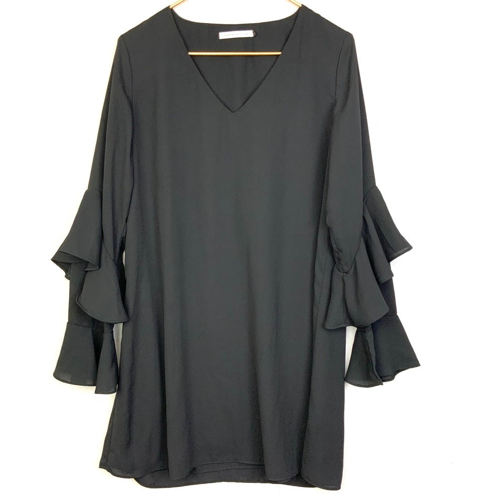 Three Eighty Two Medium Black Flare Tiered Ruffle Sleeves Mini Dress Whimsigoth